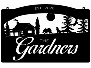Metal CABIN Sign with COYOTE,BEAR ,Cabin ,woodland scene  customized with your name