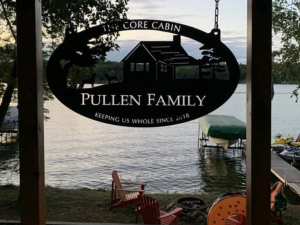 Metal CABIN Sign, laser cut cabin sign, cabin on a hill and dogs