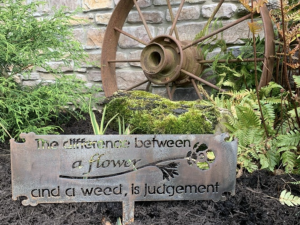 The Difference Between Flowers and Weeds is Judgement metal garden sign
