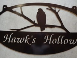 Metal Sign with hawks sitting on branch customized with your name