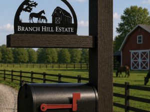 Horse mailbox sign, Double sided metal mailbox topper on base with your name