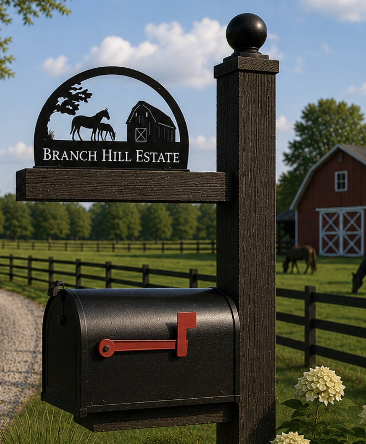 Horse mailbox sign, Double sided metal mailbox topper on base with your name