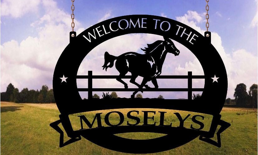 Metal HORSE sign with galluping horse personalized farm sign name in banner rodeo plaque dad gift - Image 3