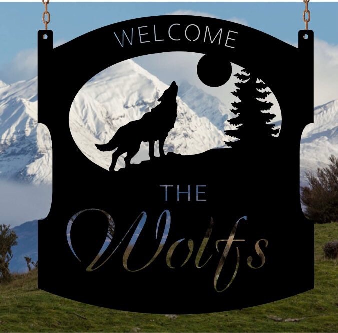 WOLF Sign, metal WOLF Sign with WOLF howling at the Moon