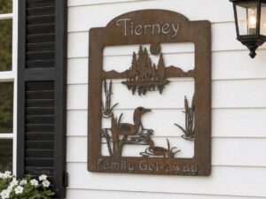 Metal sign,  Family Get away, loon and lake sign, customized with your family name on top