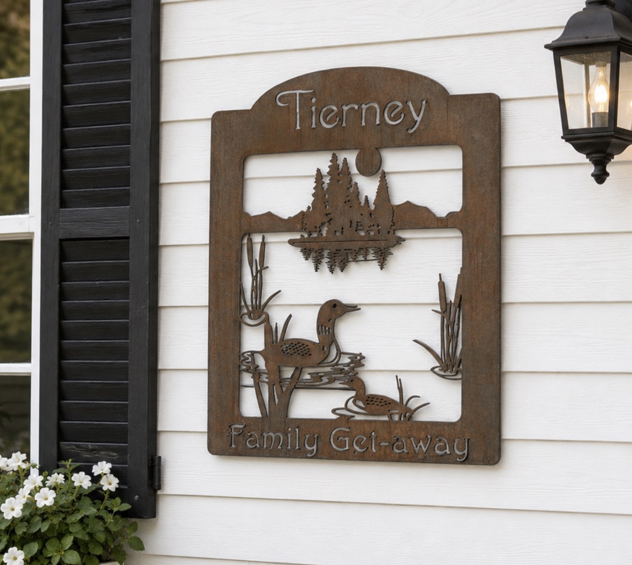 Metal sign, Family Get away, loon and lake sign, customized with your family name on top