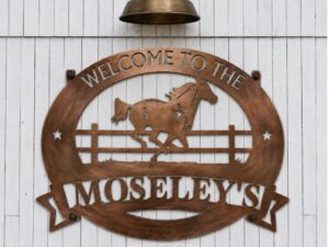 Metal HORSE sign with galluping horse personalized farm sign name in banner rodeo plaque dad gift