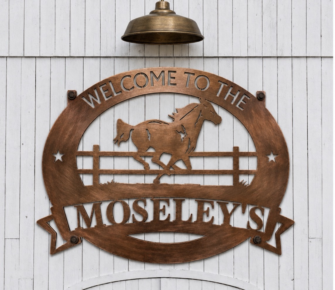 Metal HORSE sign with galluping horse personalized farm sign name in banner rodeo plaque dad gift
