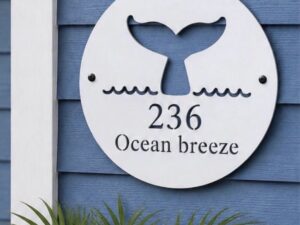Metal sign with address coastal theme whale sign dolphin address