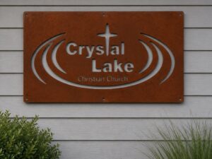 Crystal Lake  church sign in auburn patina