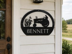 Metal FARM sign with corn stalks and old JOHN DEERE tractor