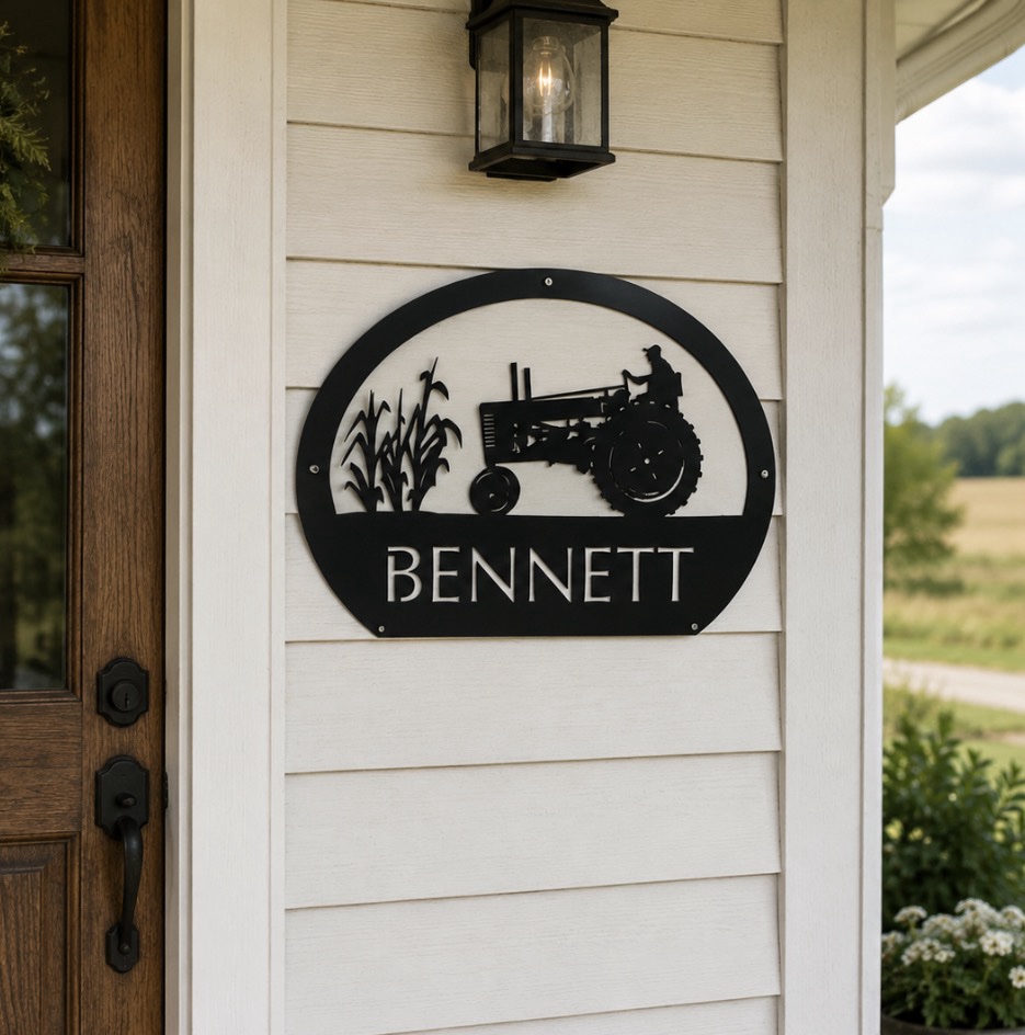 Metal FARM sign with corn stalks and old JOHN DEERE tractor