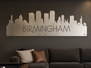 City skyline in stainless steel metal sign with BIRMINGHAM SKYLINE SILHOUETTE