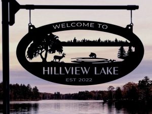 Metal Lake Sign jumping fish address plaque deer river sign personalized name sign