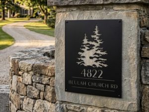 Metal address sign with evergreens, address sign with tree