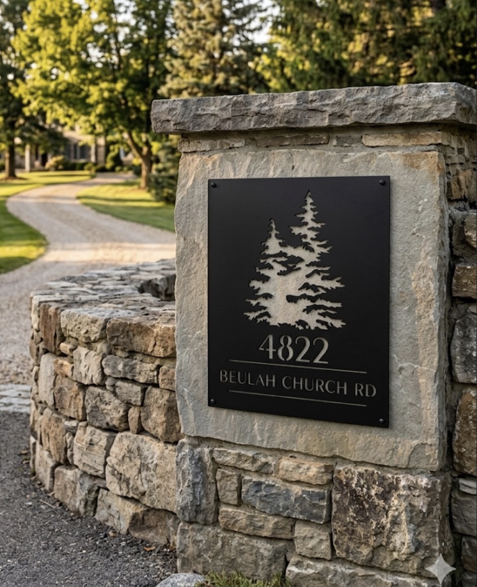 Metal address sign with evergreens, address sign with tree