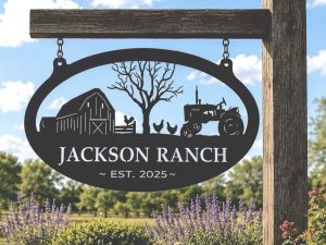 Custom Farm Sign Metal Tractor Barn Entrance Personalized Name Chicken Coop Rustic Homestead Livestock Scene Farmhouse Gift Ranch