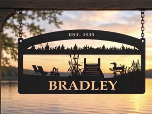 Sign with dock and campfire , metal outdoor sign