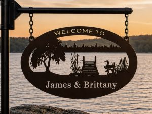 Metal lake sign fish dock address personalized lake cottage plaque customized name sign river sign