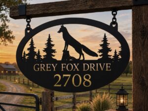 Metal Fox Address evergreen sign wildlife name plaque