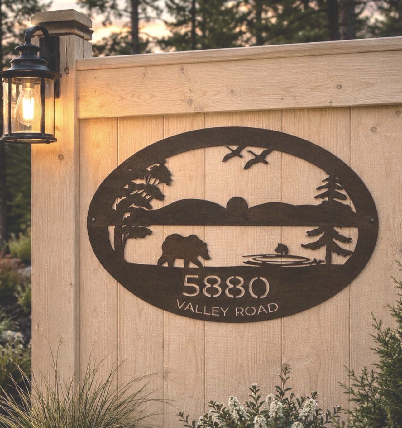 Laser cut cabin sign ,Metal WILDLIFE Sign, BEAR FISH Goose Lake sign - Image 2