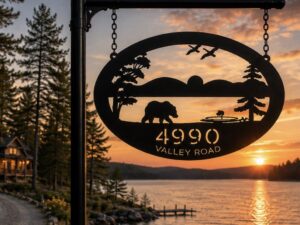 Laser cut cabin sign ,Metal WILDLIFE Sign, BEAR FISH Goose Lake sign