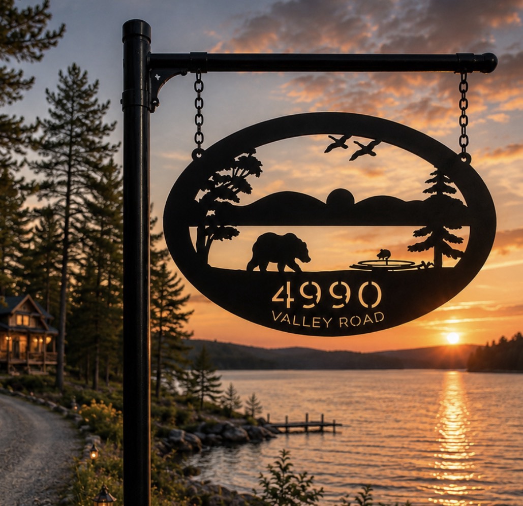 Laser cut cabin sign ,Metal WILDLIFE Sign, BEAR FISH Goose Lake sign
