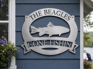 Personalized Metal Trout fish or Catfish or Bass fish with lure sign,GONE FISHIN sign,fisherman address sign, laser cut fisherman sign