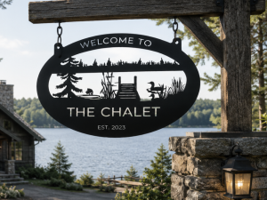 Metal lake fish Sign, Evergreen LAKE DOCK fish sign , lake sign customized with your name