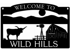 Metal LONGHORN farm sign with LONGHORN and BARN scene