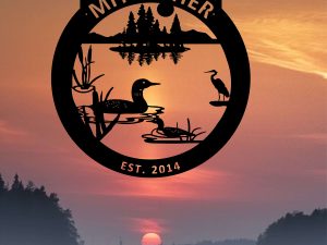 Metal loon lake sign , heron sign duck cattail sign black powder coat