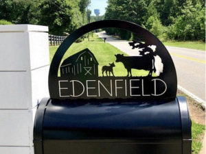 Cow calf mailbox sign, Double sided metal mailbox sign on base with your name