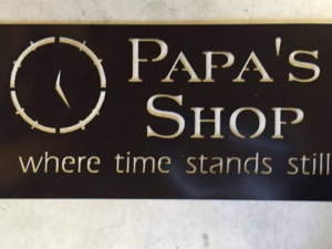 clock sign, where time stands still, papas shop sign