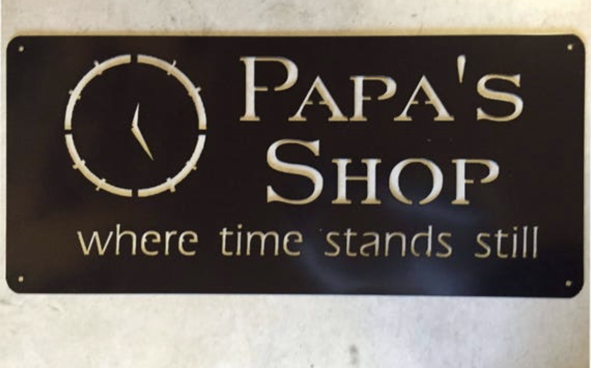 clock sign, where time stands still, papas shop sign