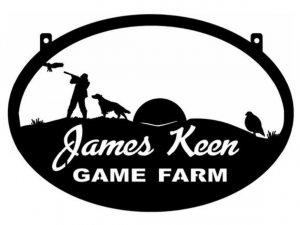 Metal  QUAIL HUNTER Sign with Quail , Hunter and DOG, hills and rising sun