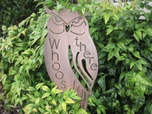 Whoos there,Metal owl on stake , HALLOWEEN  Landscape,sign