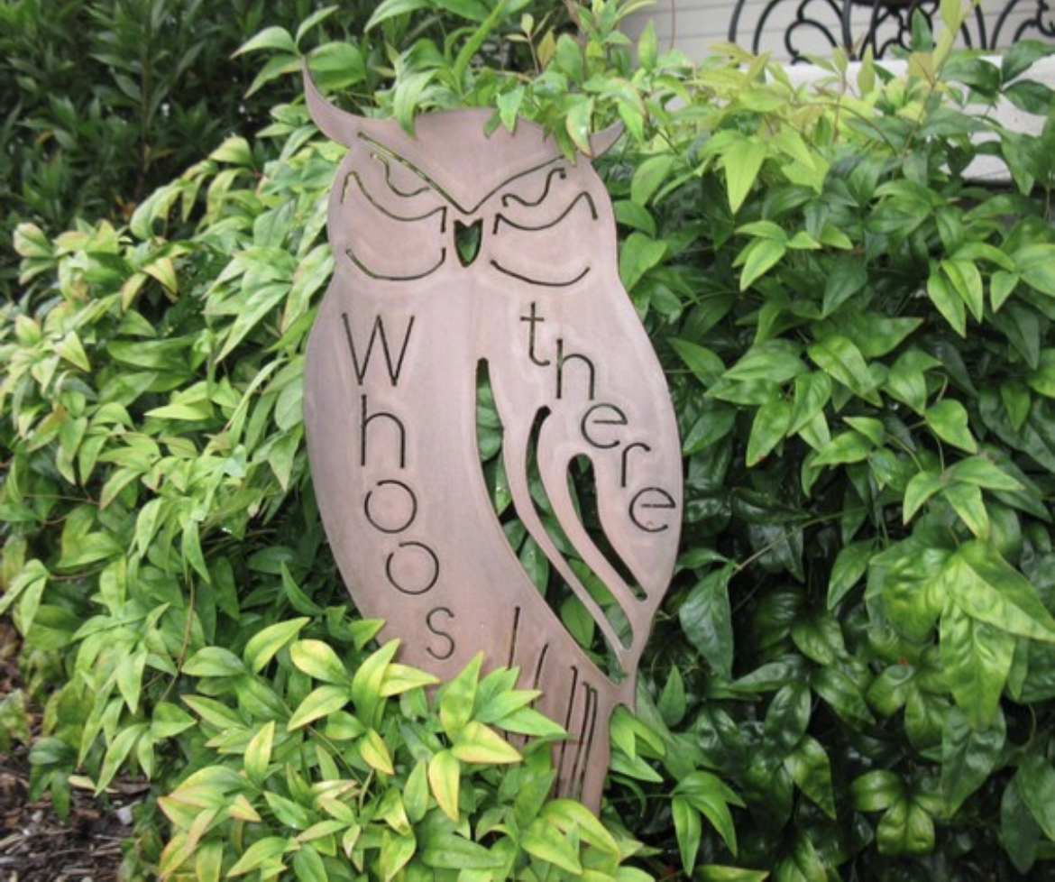 Whoos there,Metal owl on stake , HALLOWEEN Landscape,sign