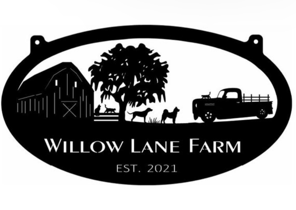 Metal FARM Sign with old pickup Fence and cats and dogs